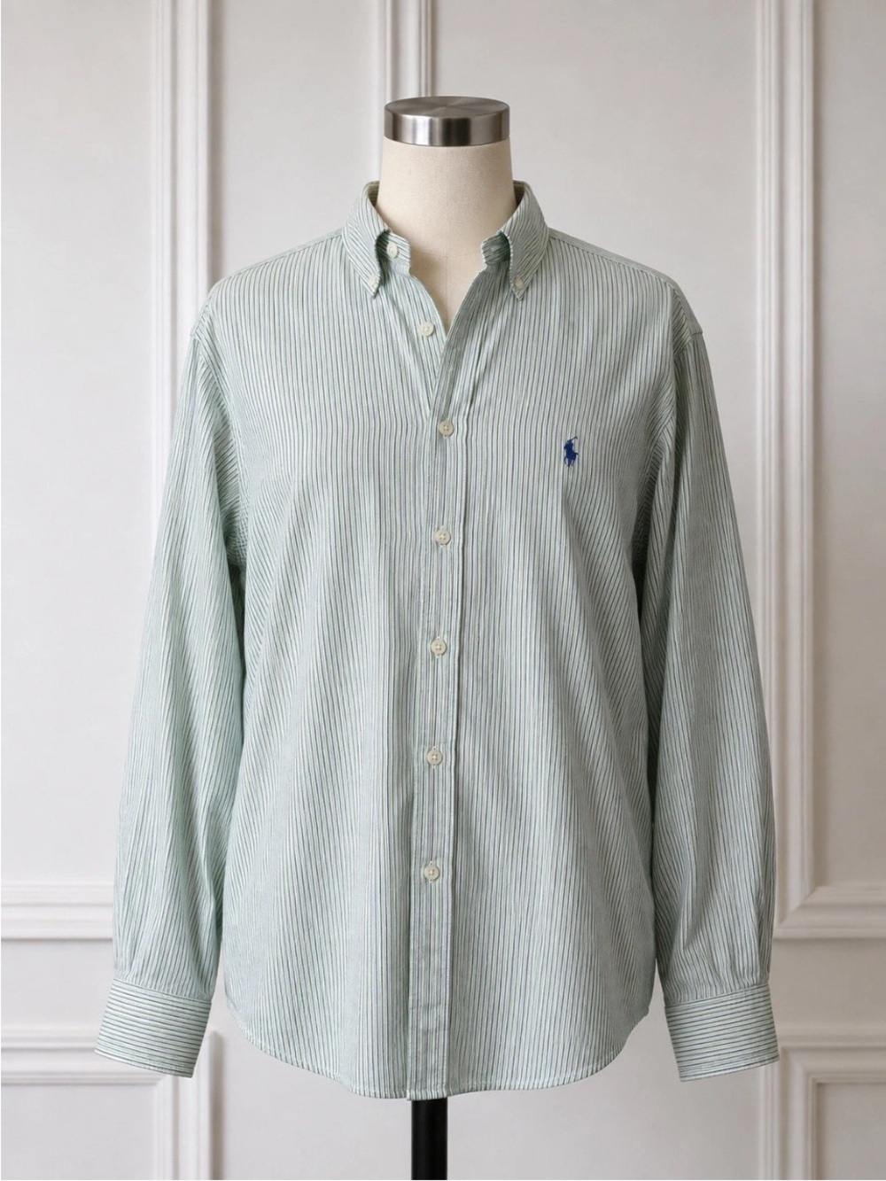 Vintage Polo Ralph Lauren Yarmouth Shirt Men's 16 32/33 Green Blue Striped 90s